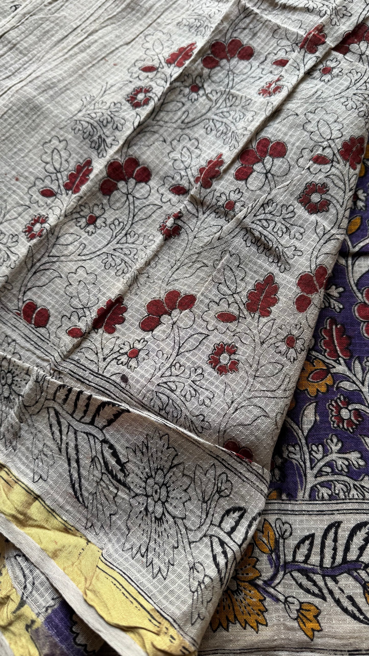 Purple cream red kalamkari saree in kota, with zari border - YCWOTDKKFE18