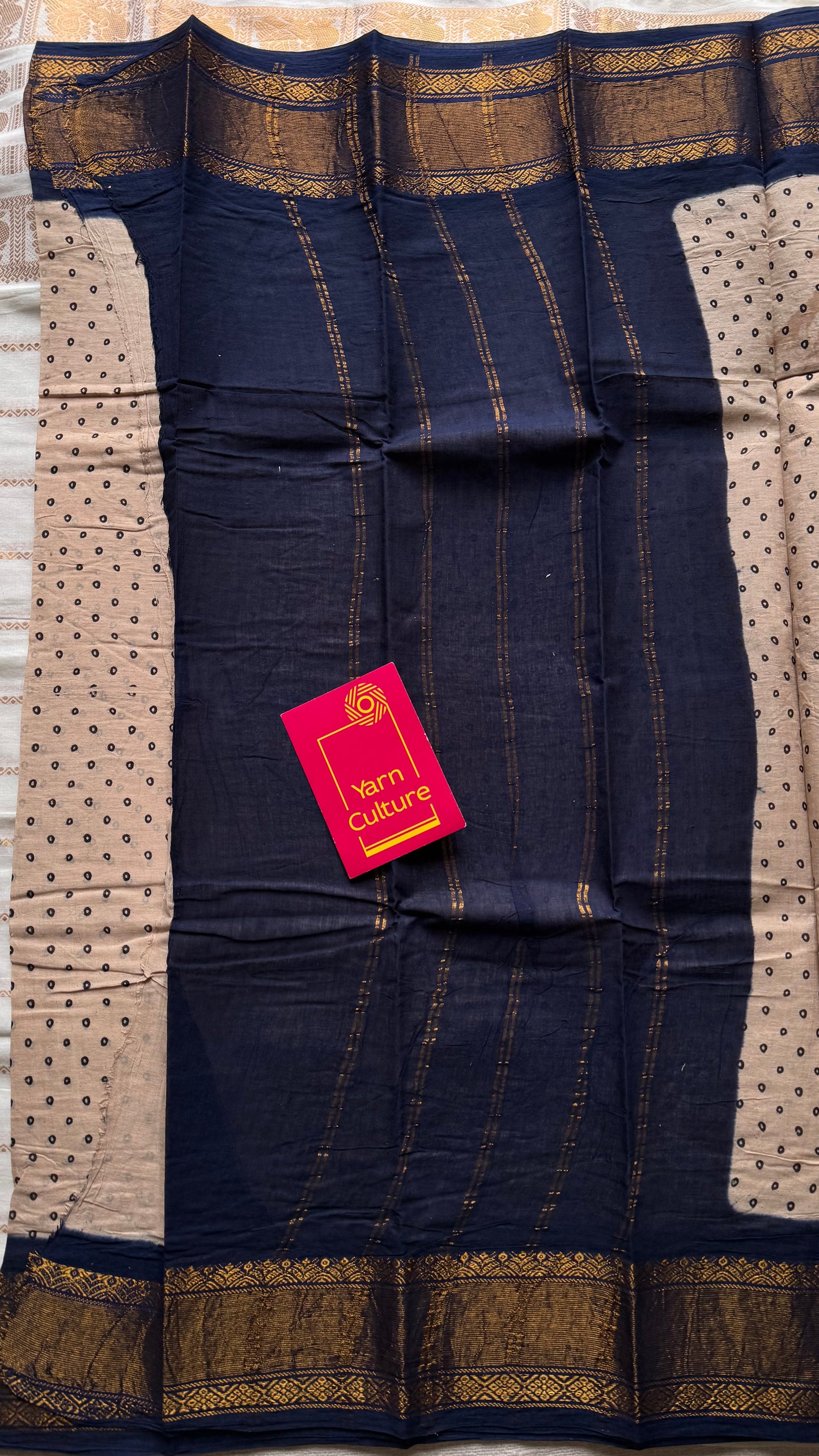 Sandal and dark blue with antique gold zari border, kattuchayam dyed madurai cotton saree - YCCOTNMSJUL12