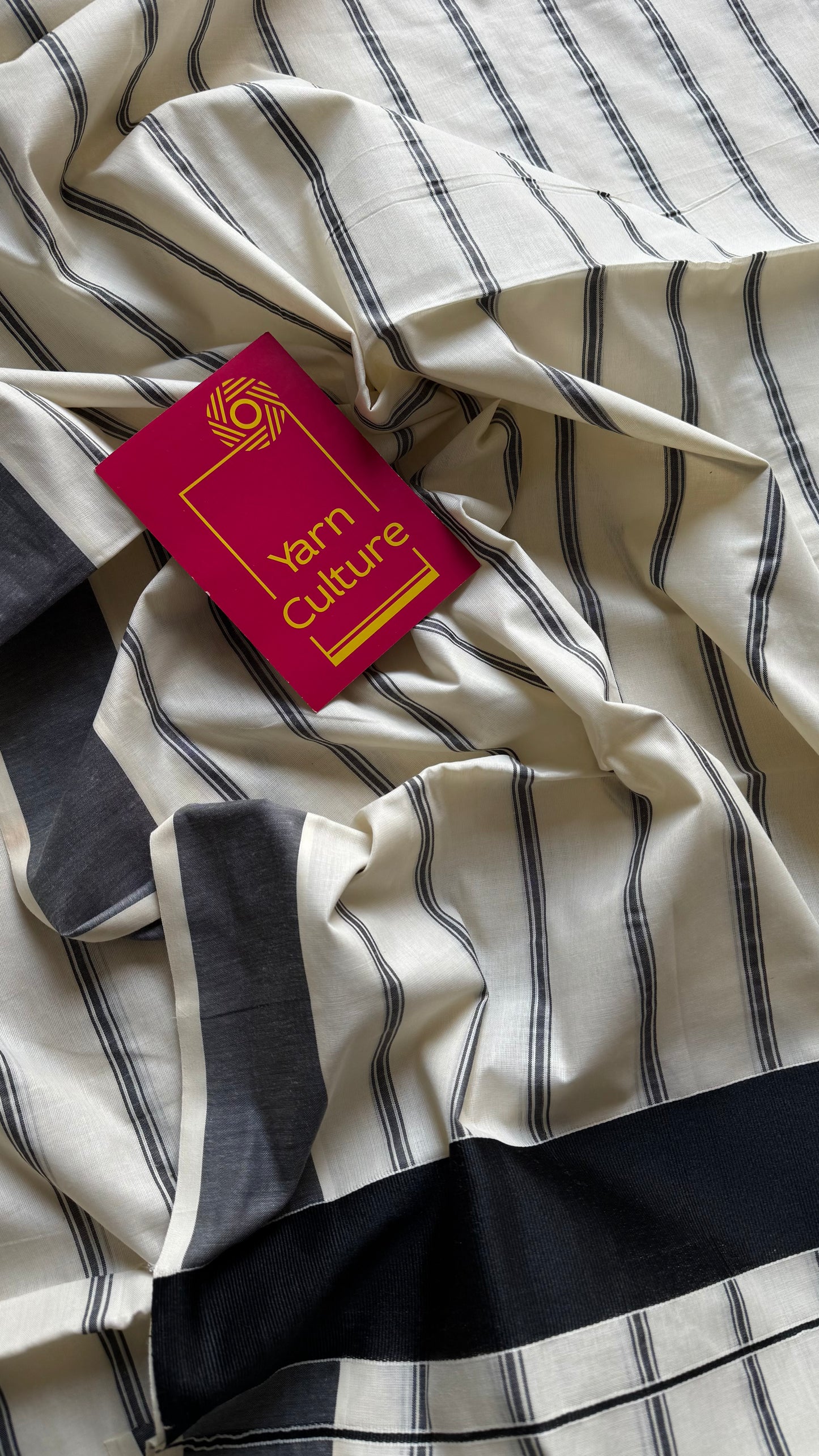 Ivory Kerala cotton saree with black stripes and border - YCIEKCFE321