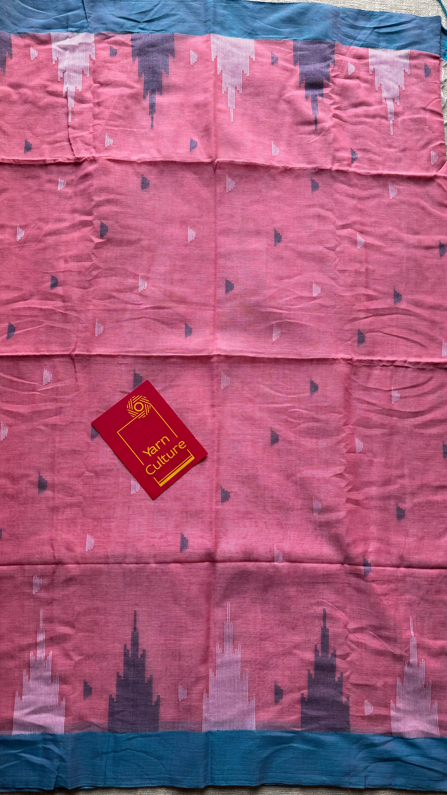 Peach pink with blue borders, temple motif woven threadwork, soft cotton - YCBCMKCDE31