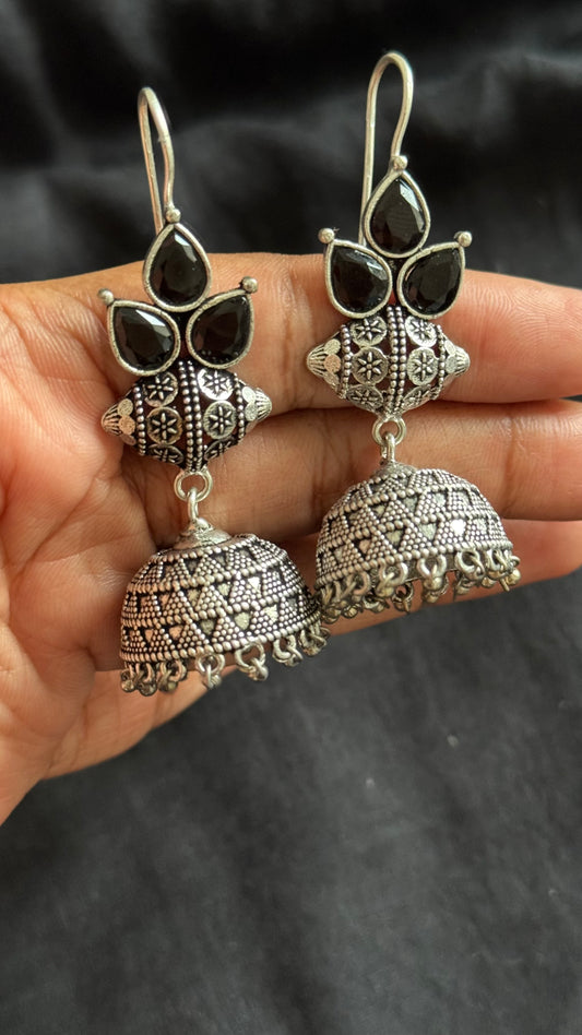 Oxidised silver hook earrings, black stone - YCOSED251