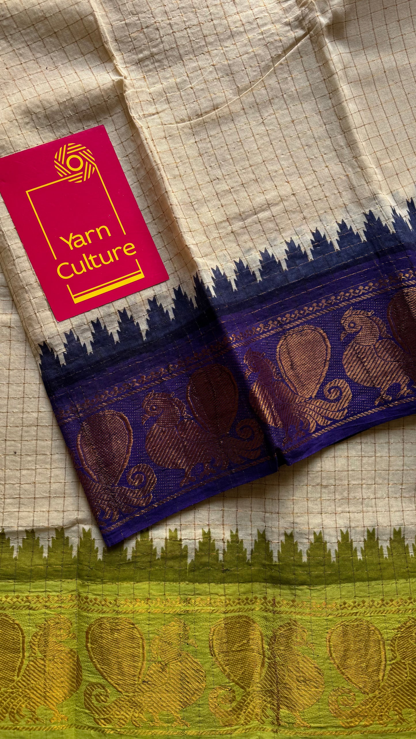 Sungudi cotton checks, ivory gold base, purple and neon green dual tone border, soft cotton - YCCOTNGJJA178