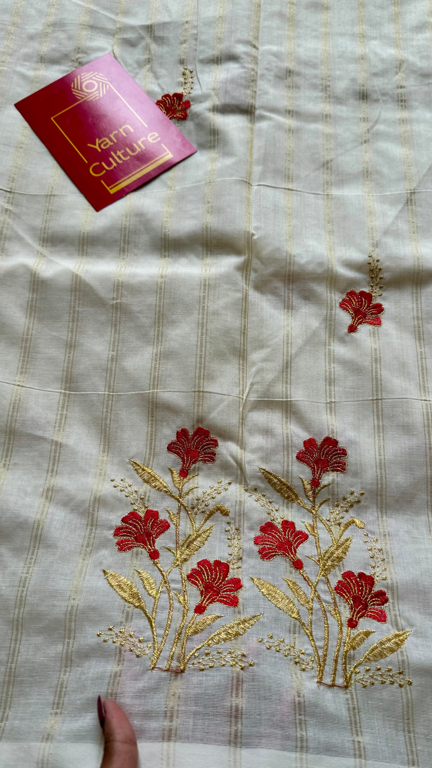 Ivory and gold soft cotton saree, red floral embroidery  - YCIEON52