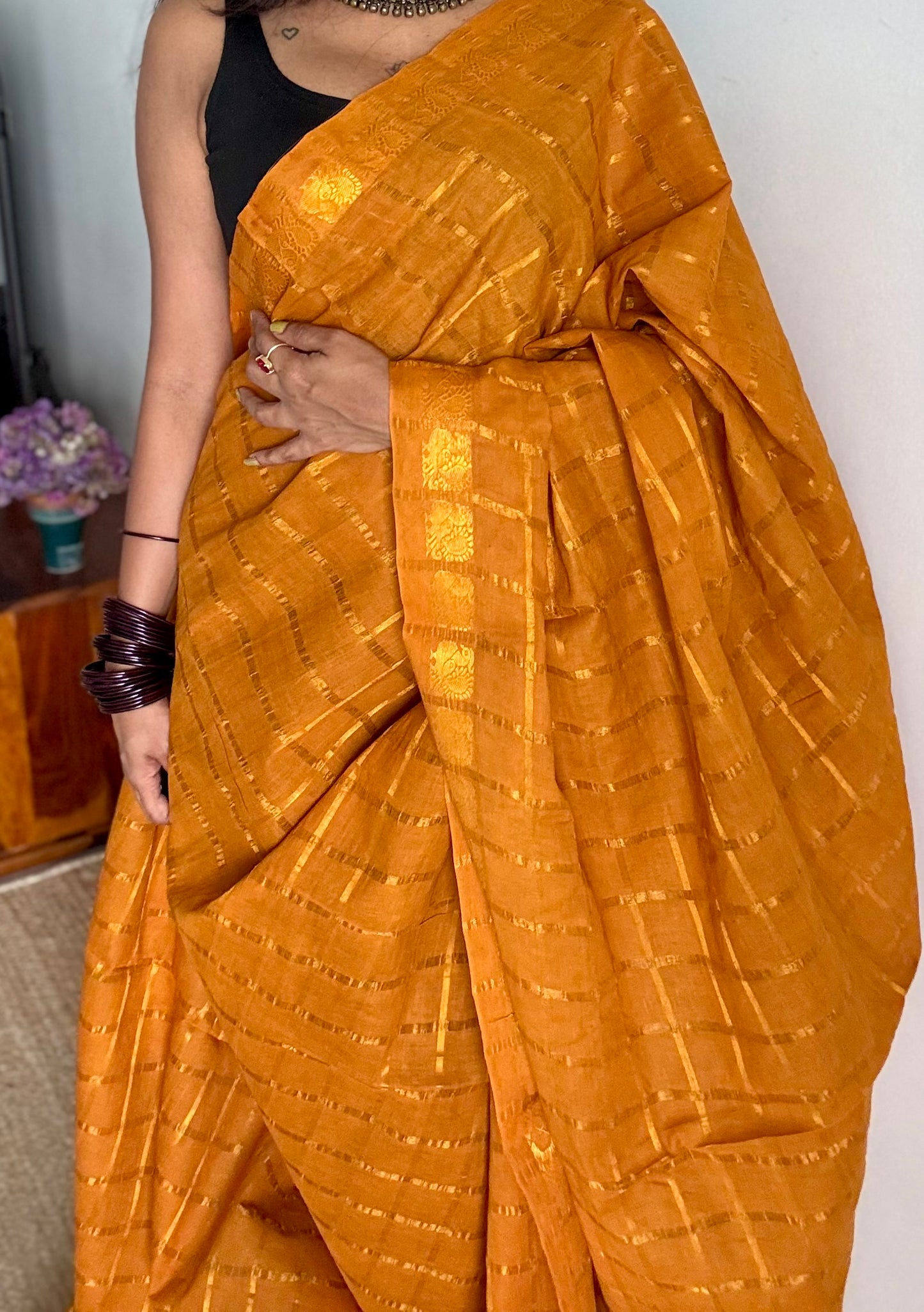 Turmeric yellow pavithra kattam kattuchayam dyed madurai cotton saree - YCCOTNMSFE141