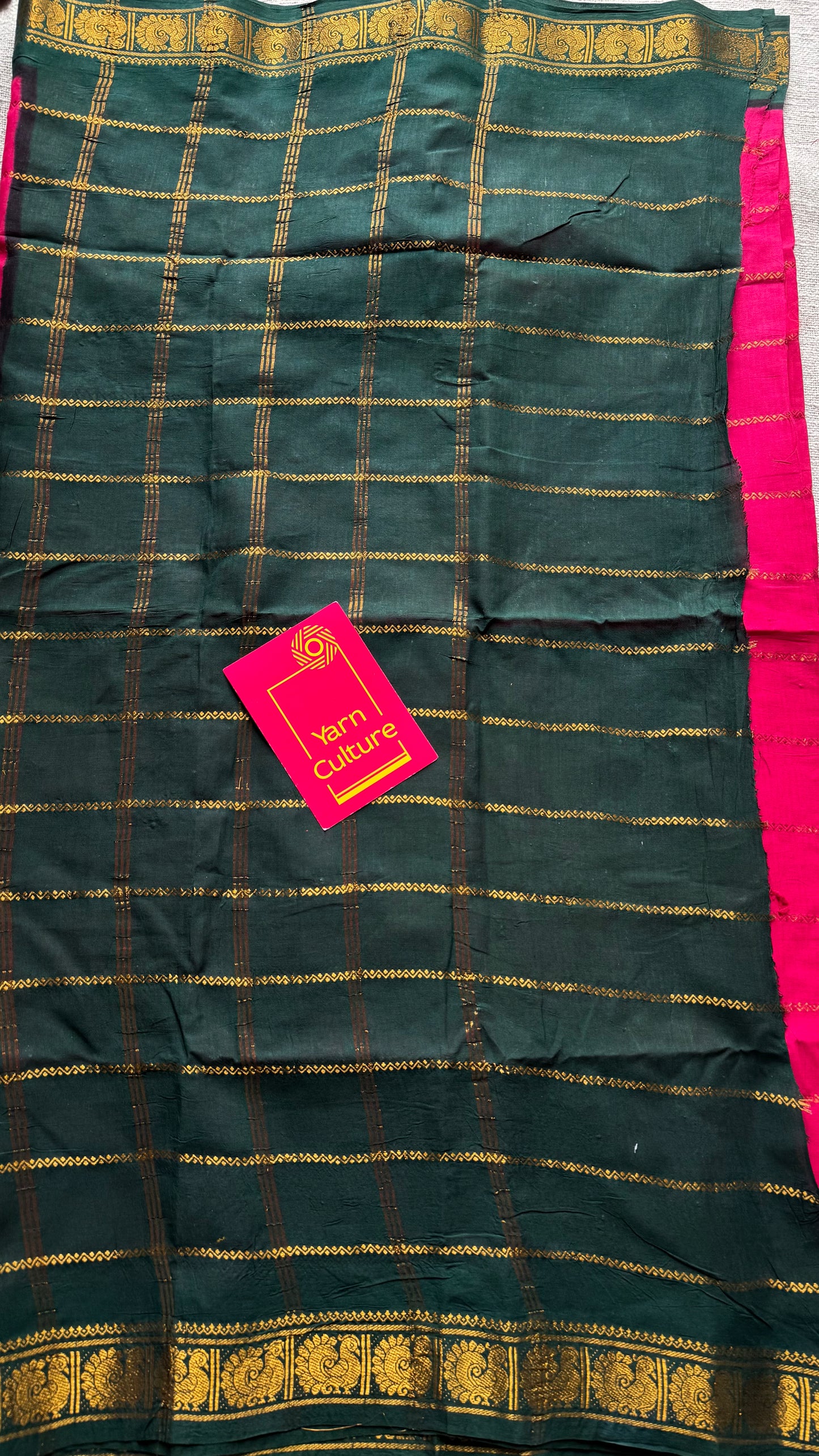 Hot pink with dark green veldhaari, kattuchayam dyed, madurai cotton - YCCOTNSEMS94