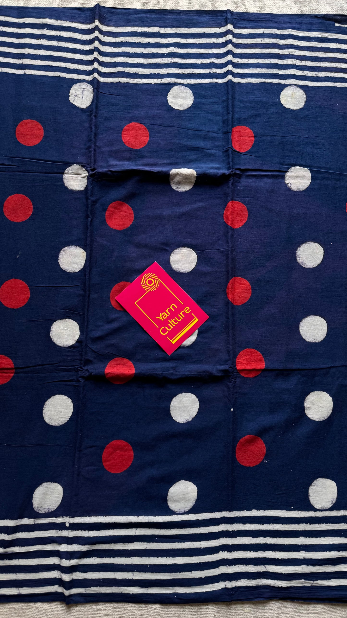 Indigo with red and white cirlce motifs, block printed soft cotton saree - YCTORCMA11