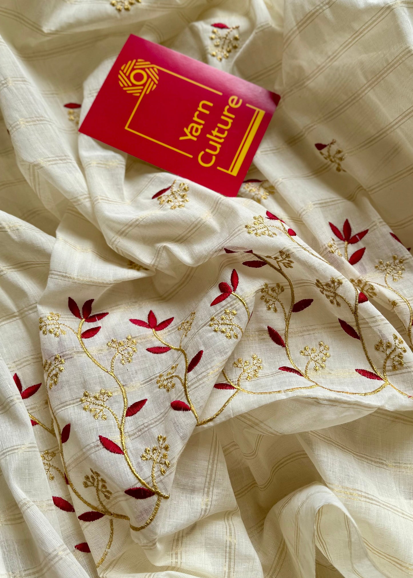 Ivory and gold soft cotton saree, maroon floral vine embroidery  - YCIEON58