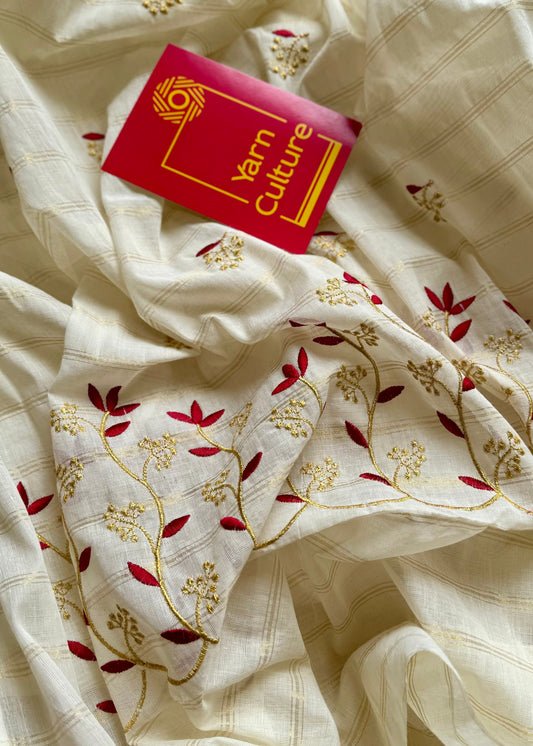 Ivory and gold soft cotton saree, maroon floral vine embroidery  - YCIEON58