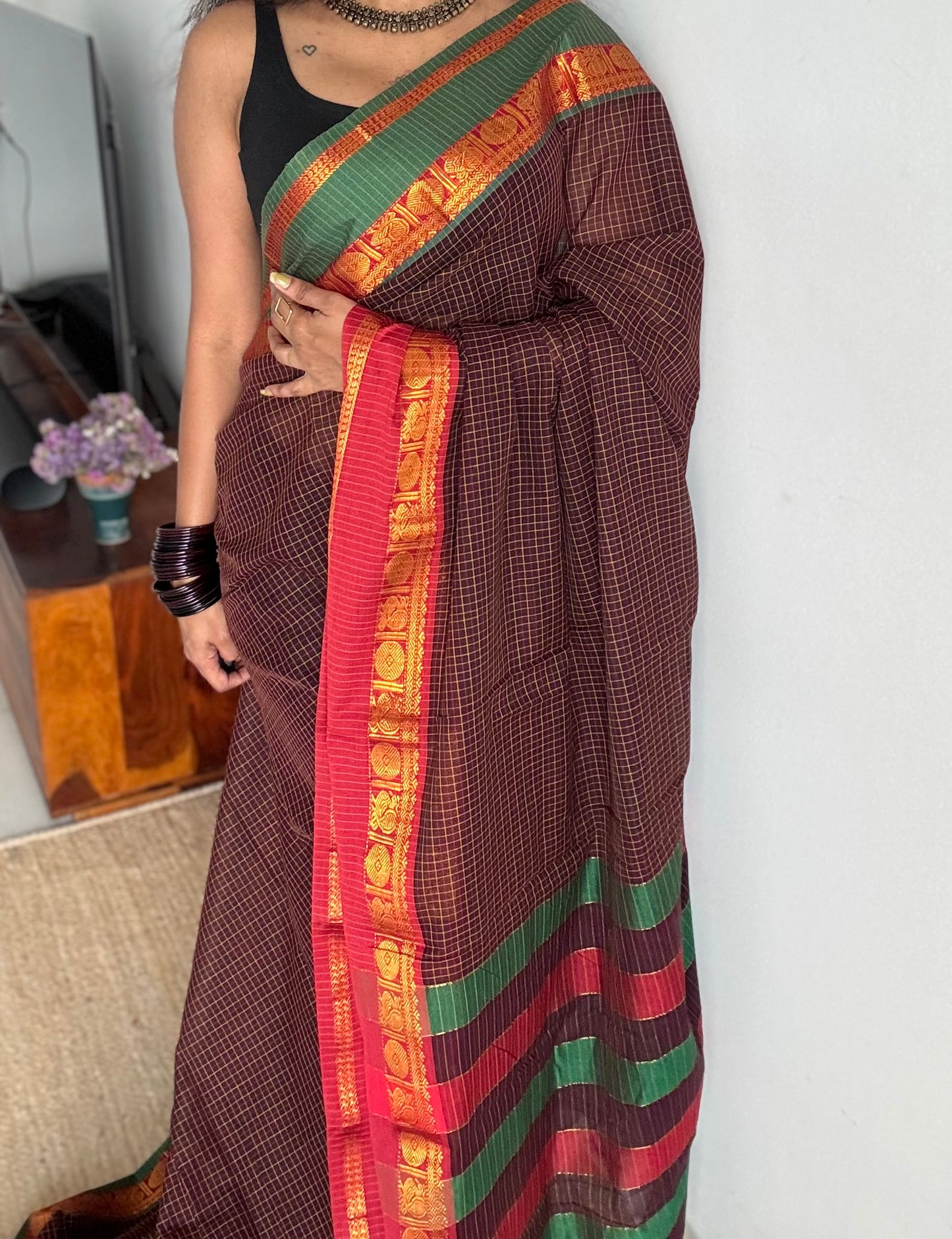 Brown checks with green and red ganga jamuna borders, premium narayanpet soft cotton - YCWOTDNPJA155