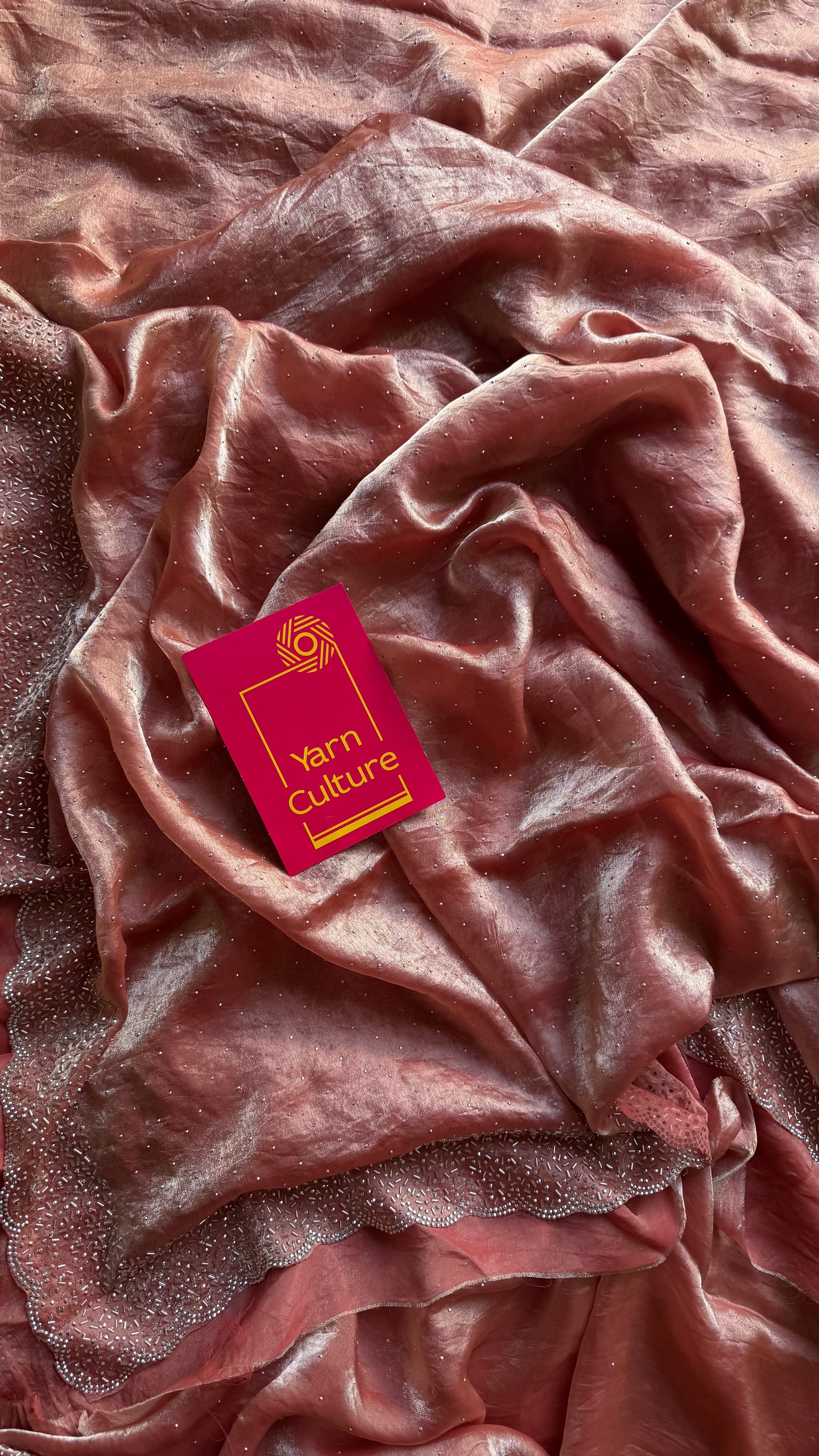 Blush Glow -  salmon pink metallic dual tone space silk, jarkhan stone work - YCDOSNO36