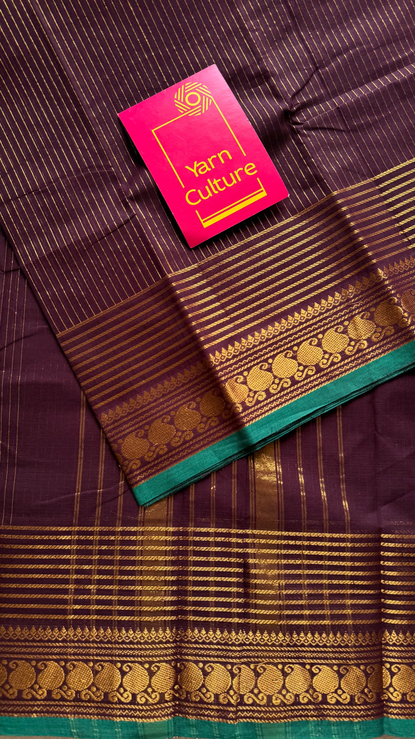 Kanchi cotton saree, brownish maroon with gold stripes, paisley border - YCCOTNAP93