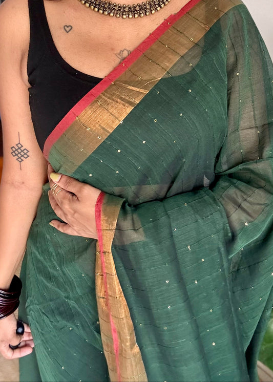 Dark green mul cotton saree with sequins and zari border - YCBCMCSE32