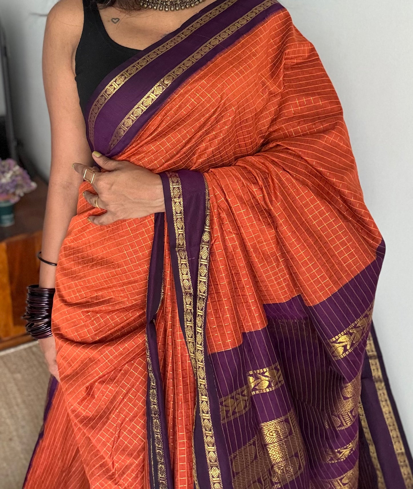 Orange with wine contrast arani checkered saree, cotton silk - YCCOTNKCFE68