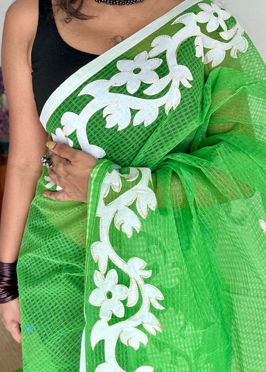 Khatta Kairi - green kota saree with white floral cut work - YCTORKDAP15