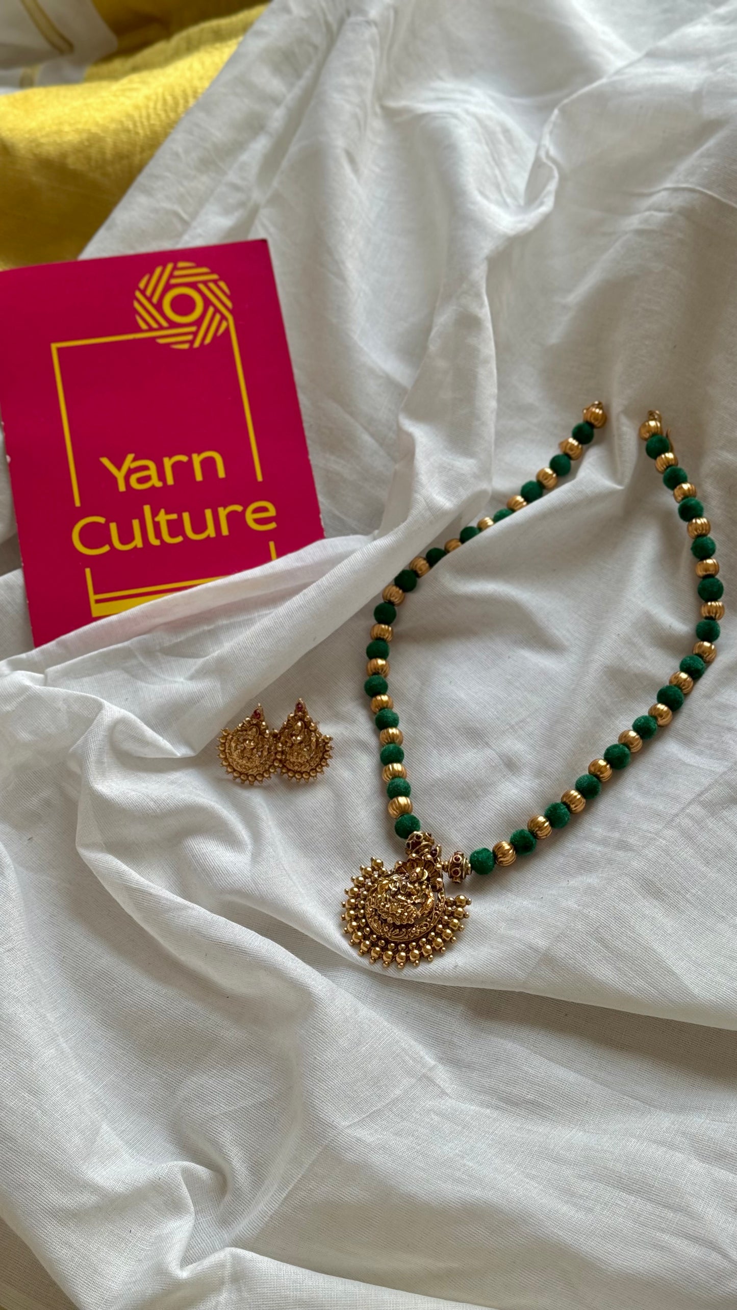 Green with gold beads, temple pendant in antique gold finish neckpiece - YCGPNP656