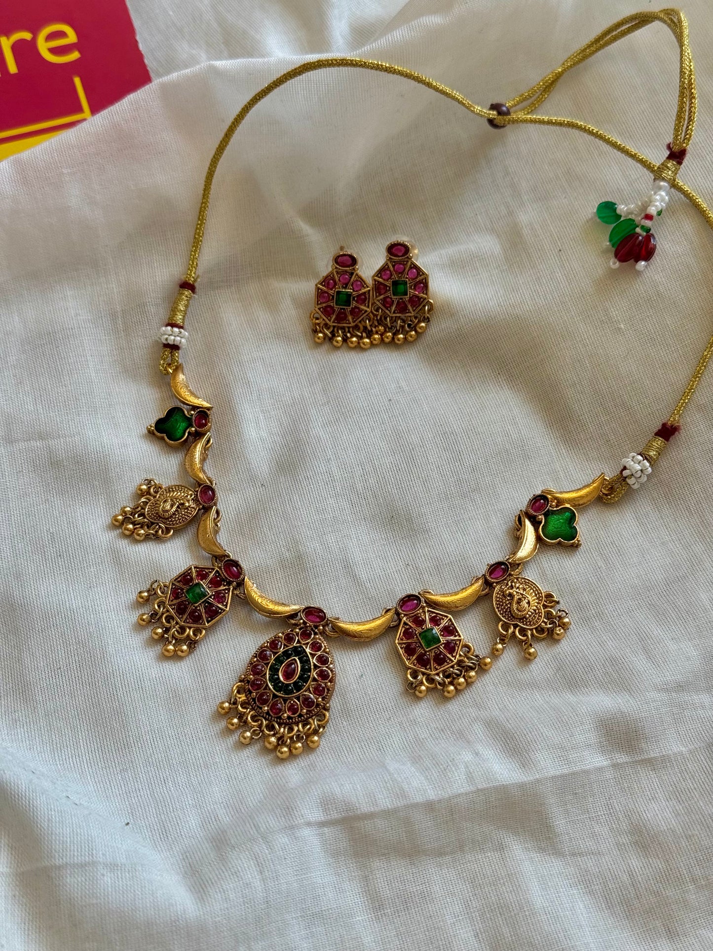 Kemp ruby and green stone pendant neckpiece with earrings - YCGPNP669