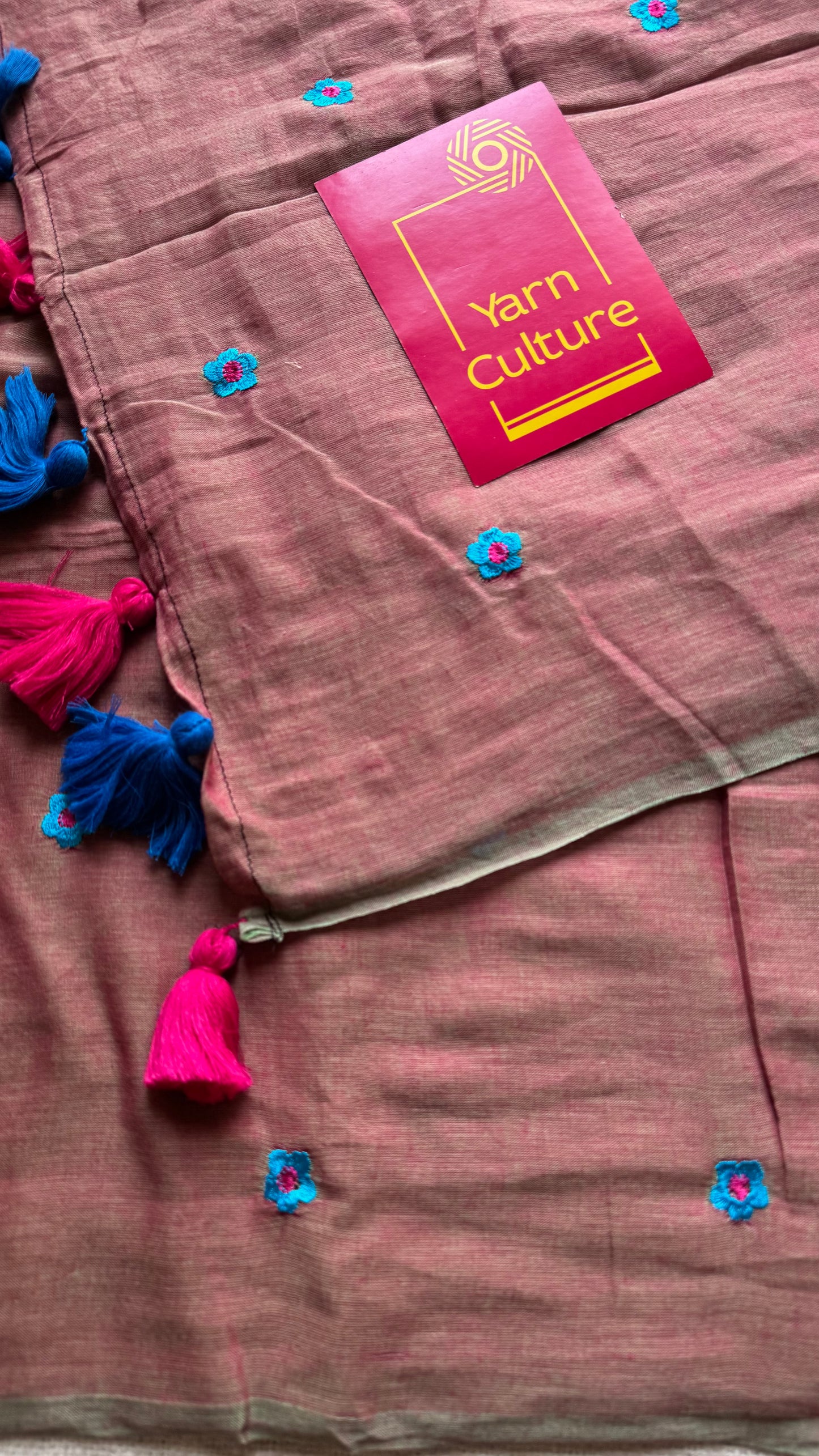 Dusty pink with grey dual tone, blue floral embroidered mul cotton saree  - YCBCMCAP44
