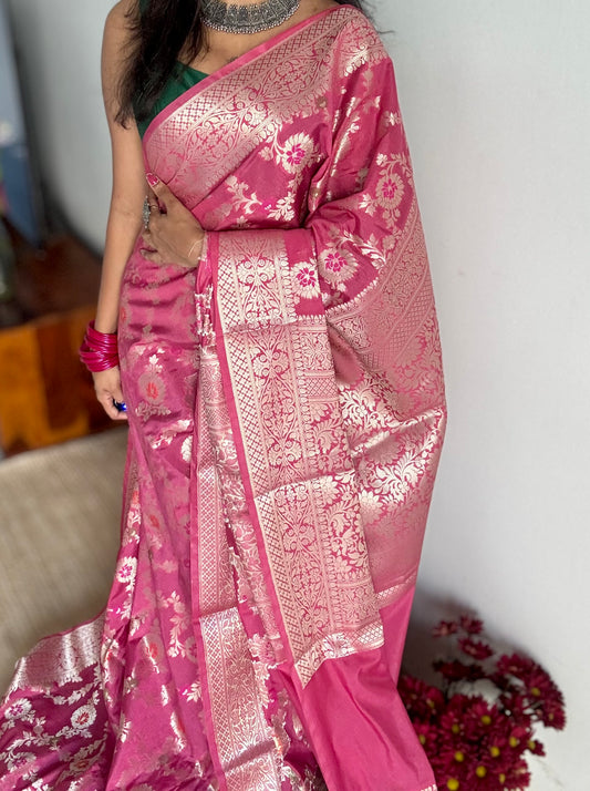 Dusty pink meenakari floral pattern in silver zari, Banarasi katan dupion silk - YCDESE09