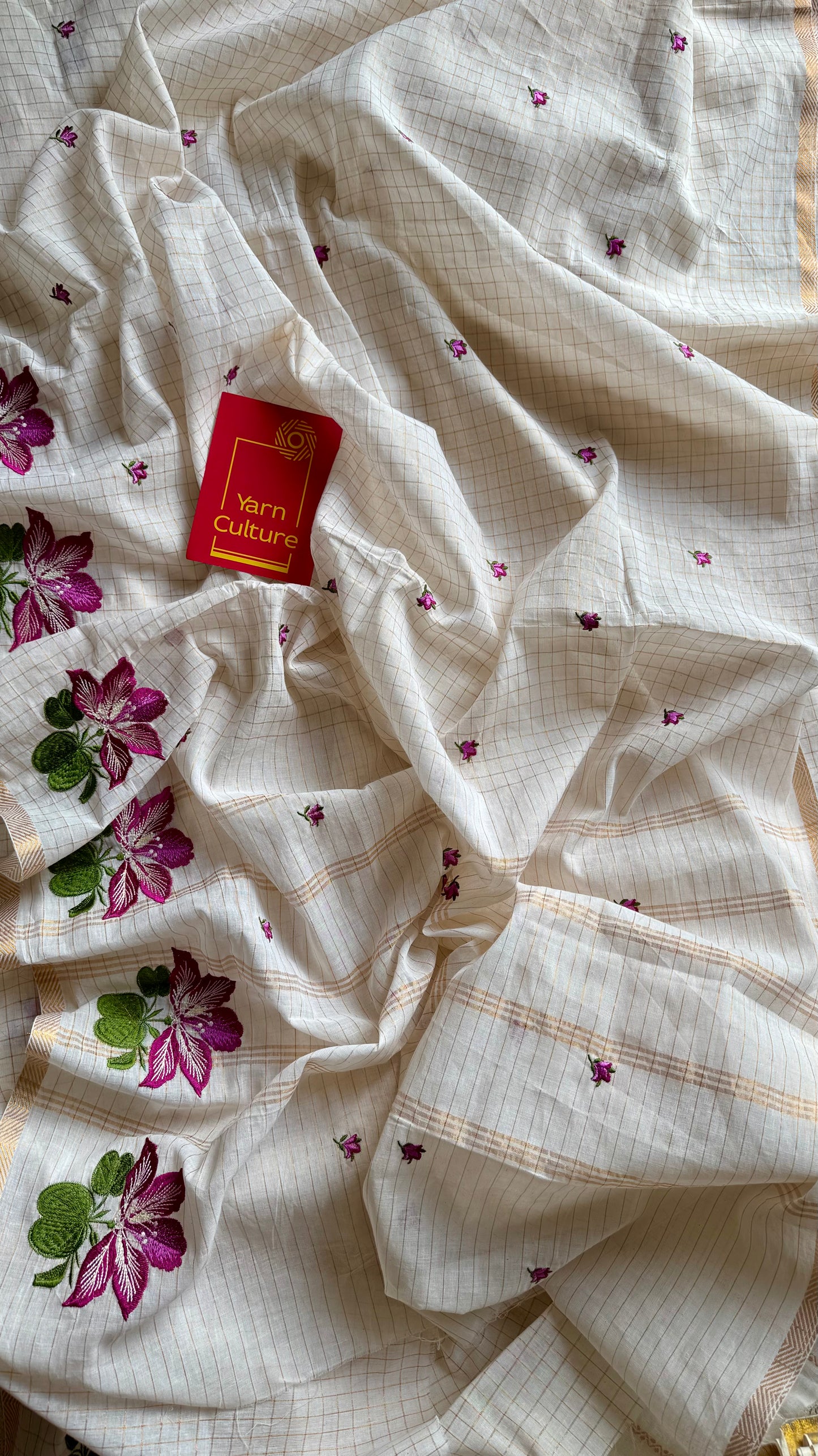 Sruthi : Mandaram - purple pink floral embroidery, ivory & gold, soft cotton in mini checks - YCIEON166