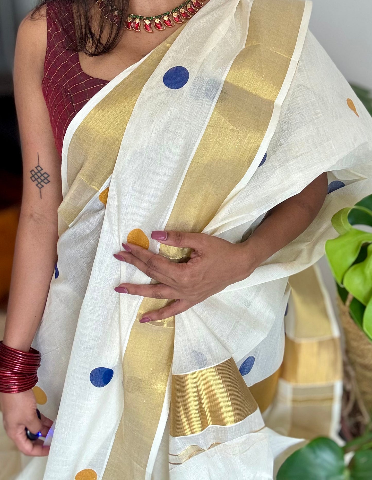 Ivory and gold soft cotton kasavu saree, navy blue and yellow polka - YCIEON73