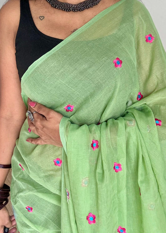Pista green with dark pink floral embroidered mul cotton saree  - YCBCMCAP48