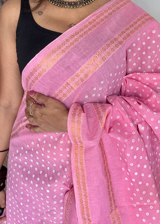Pink, wax dot printed sungudi, kattuchayam dyed madurai cotton - YCCOTNMSAP154