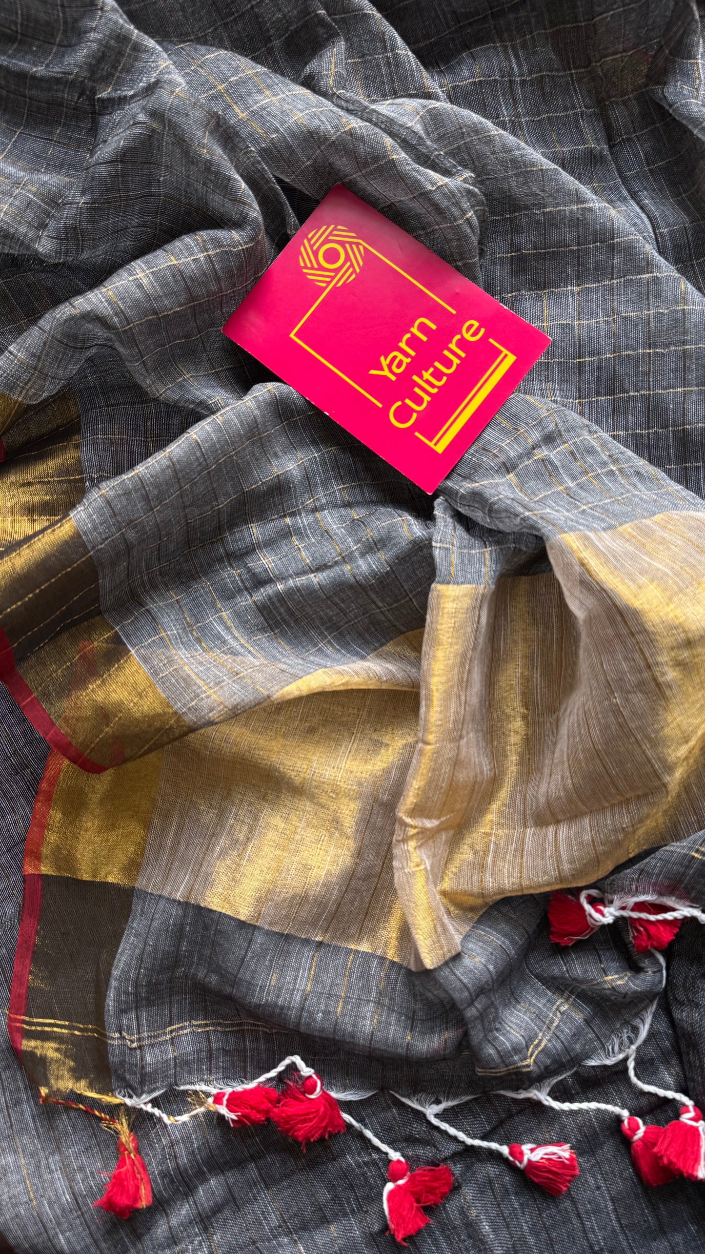 Grey linen by cotton saree, gold checks & gold zari pallu - YCBCLCFE388