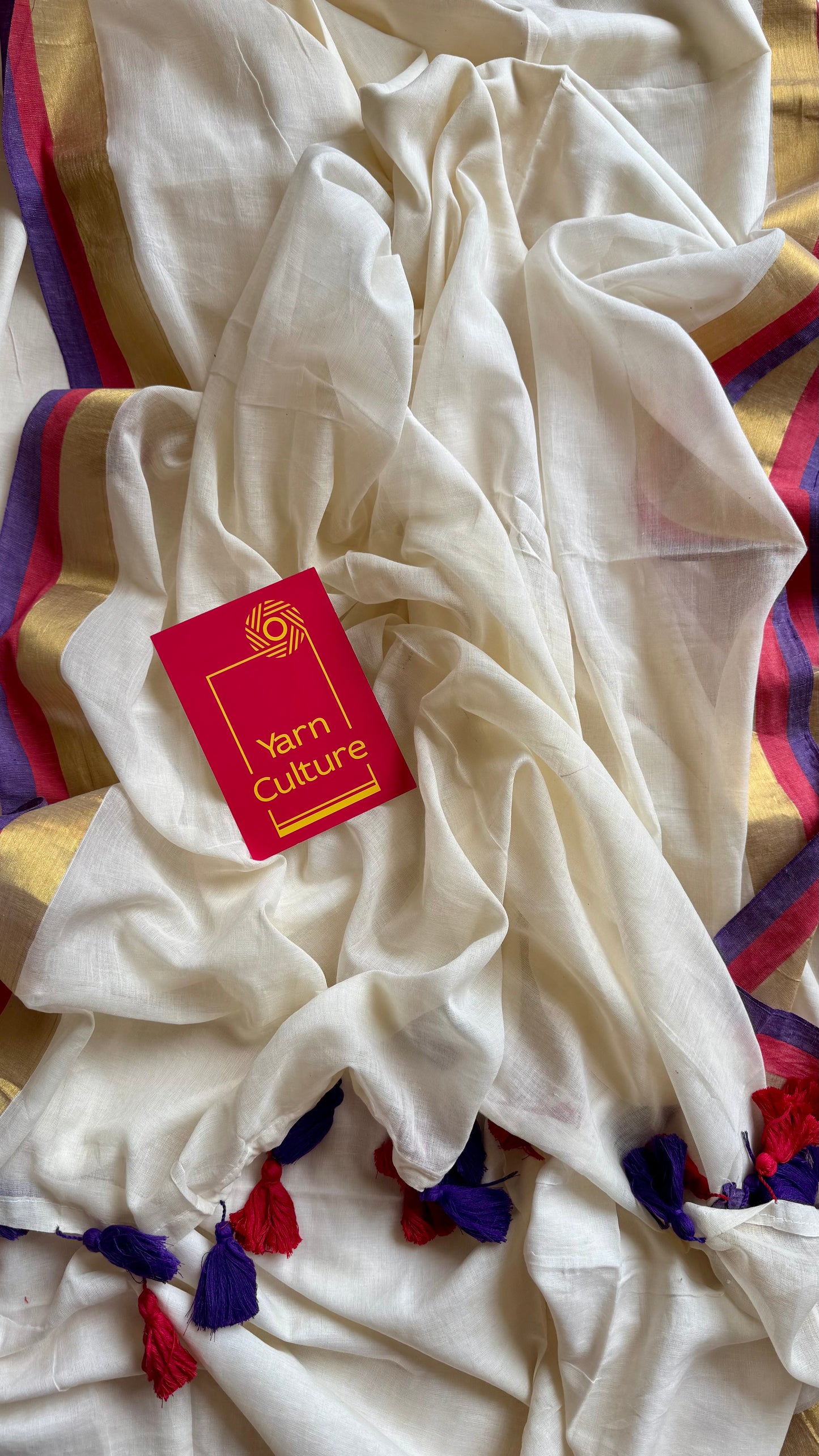 Ivory mul saree, purple, red and gold border - YCIEON08