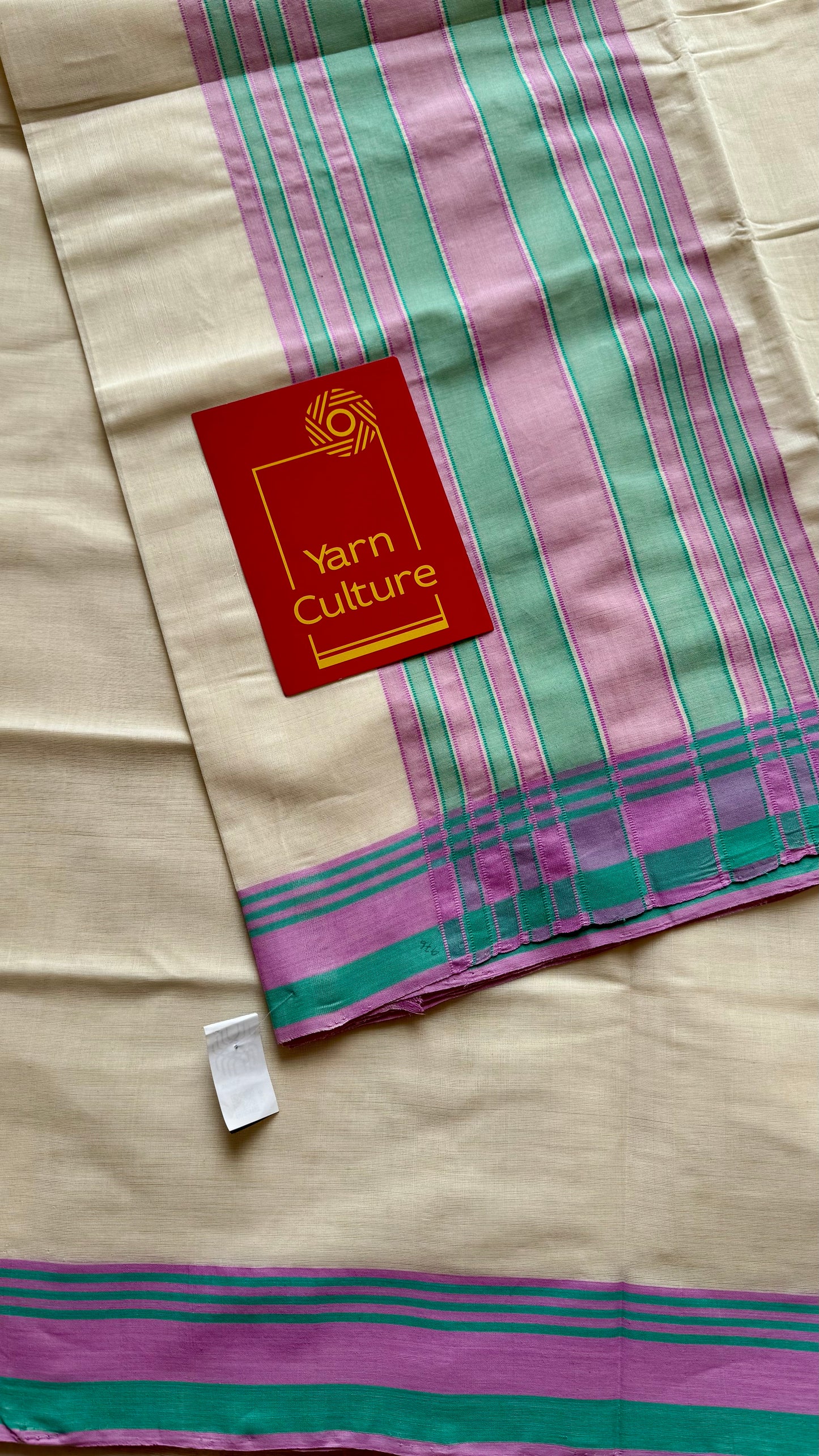 Handloom, woven in Chendamangalam Looms, ivory with pink and green stripes, soft cotton saree - YCIEON149
