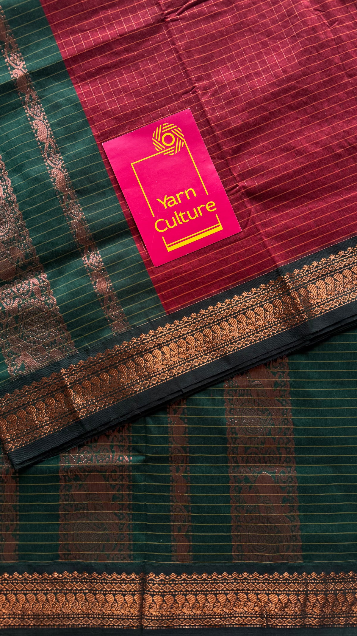 Dark red with green, zari checkered saree, cotton silk - YCCOTNKCOC100