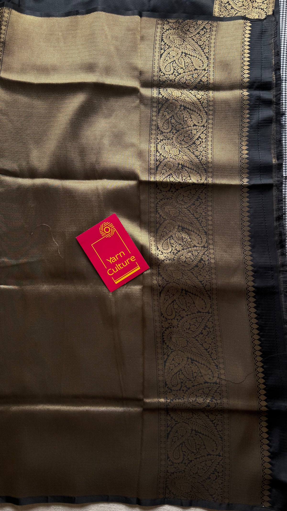Black and white mini checks, Banarasi semi-katan silk saree with antique gold zari pallu - YCBLTOC93
