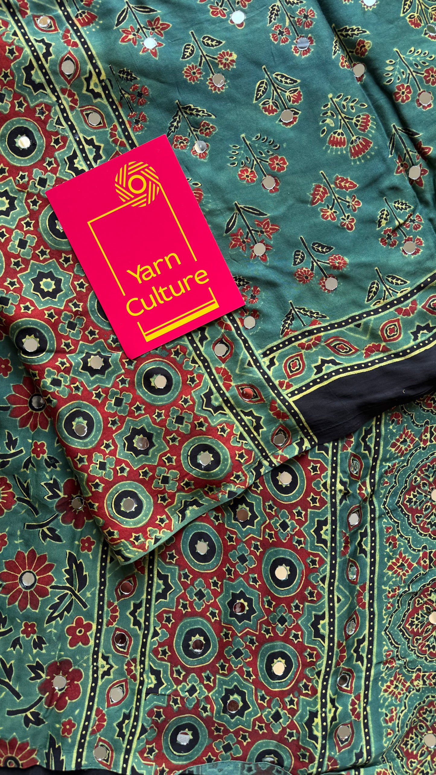 Jade green pure modal silk saree with ajrakh handblock print and mirror work - YCTOKAJM340