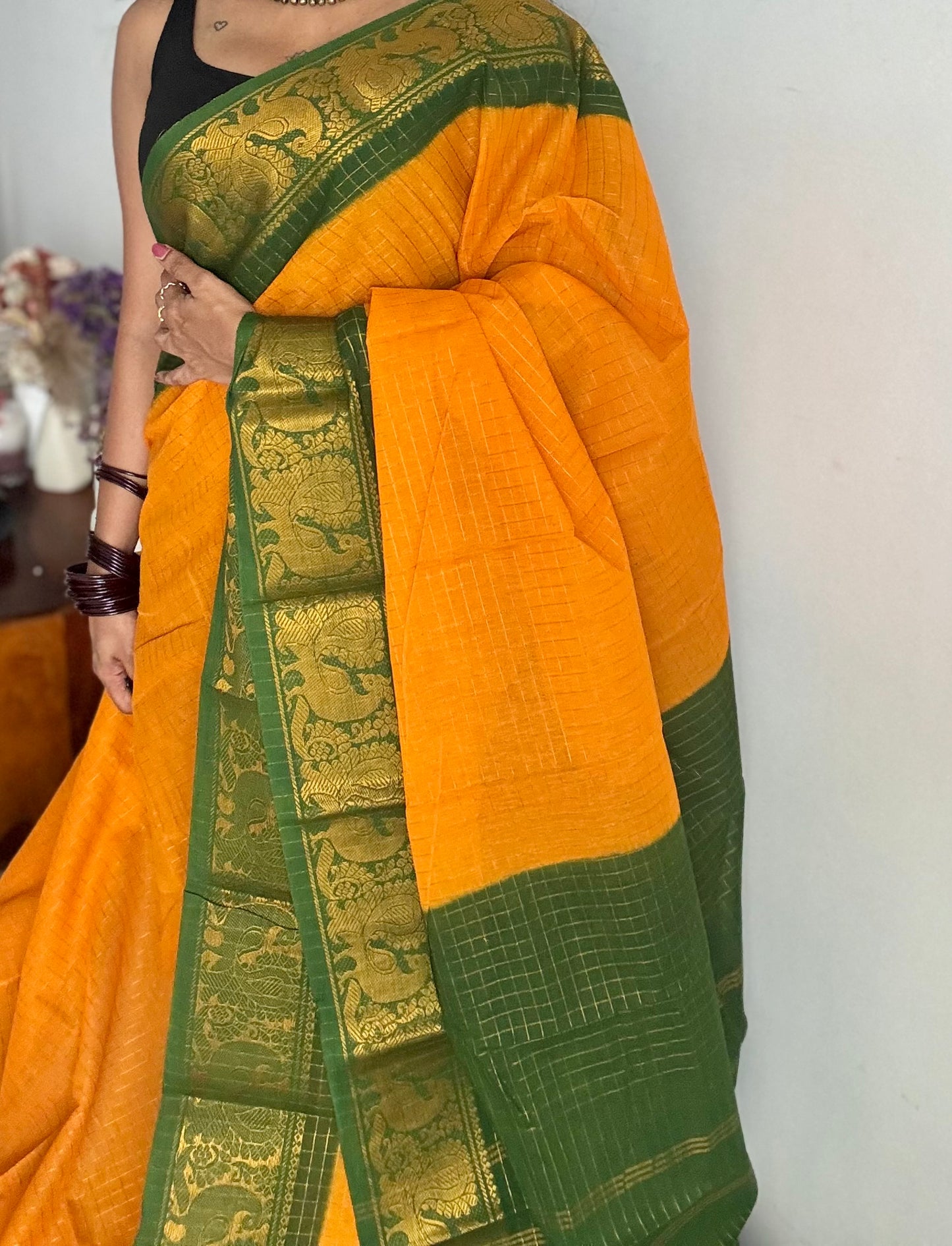 Mango yellow with green contrast zari checkered sungudi, kattuchayam dyed madurai cotton - YCCOTNMSAP181