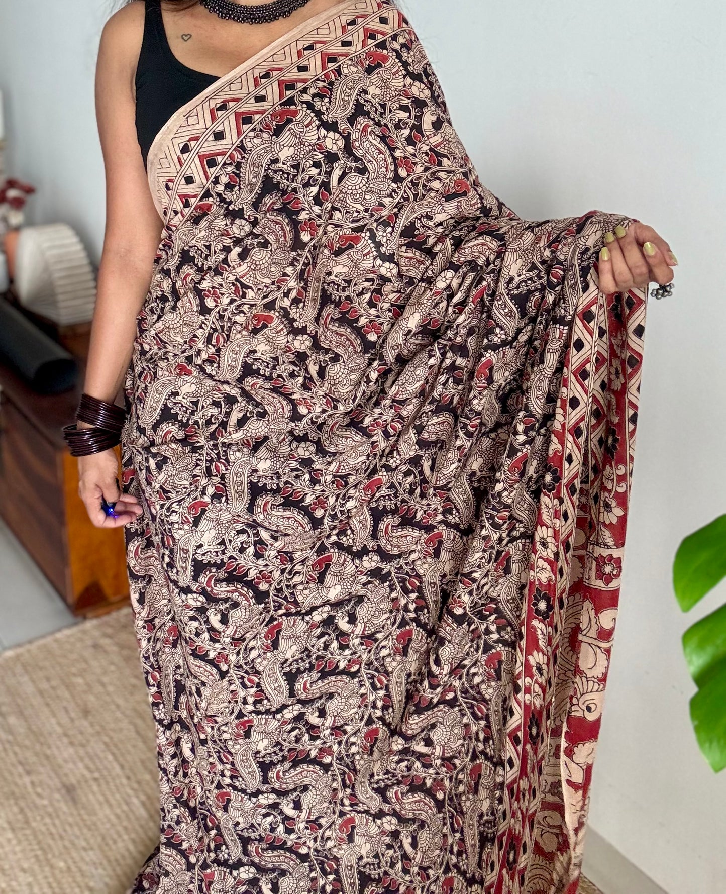 Black with red kalamkari saree, floral vines, soft cotton - YCWOTDMA352