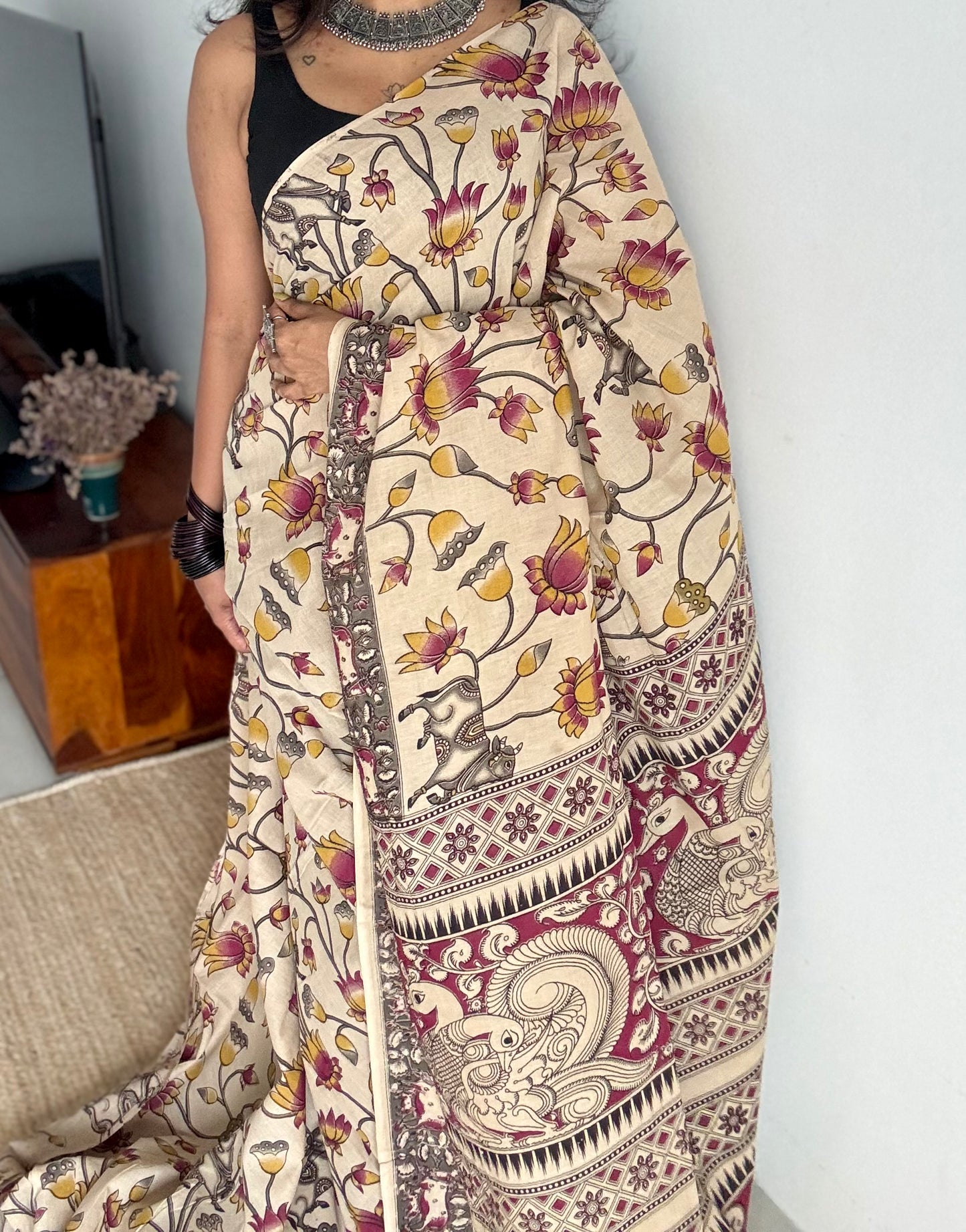 Beige with dark pink and yellow pichwai motif kalamkari, soft cotton - YCWOTDOCMP88