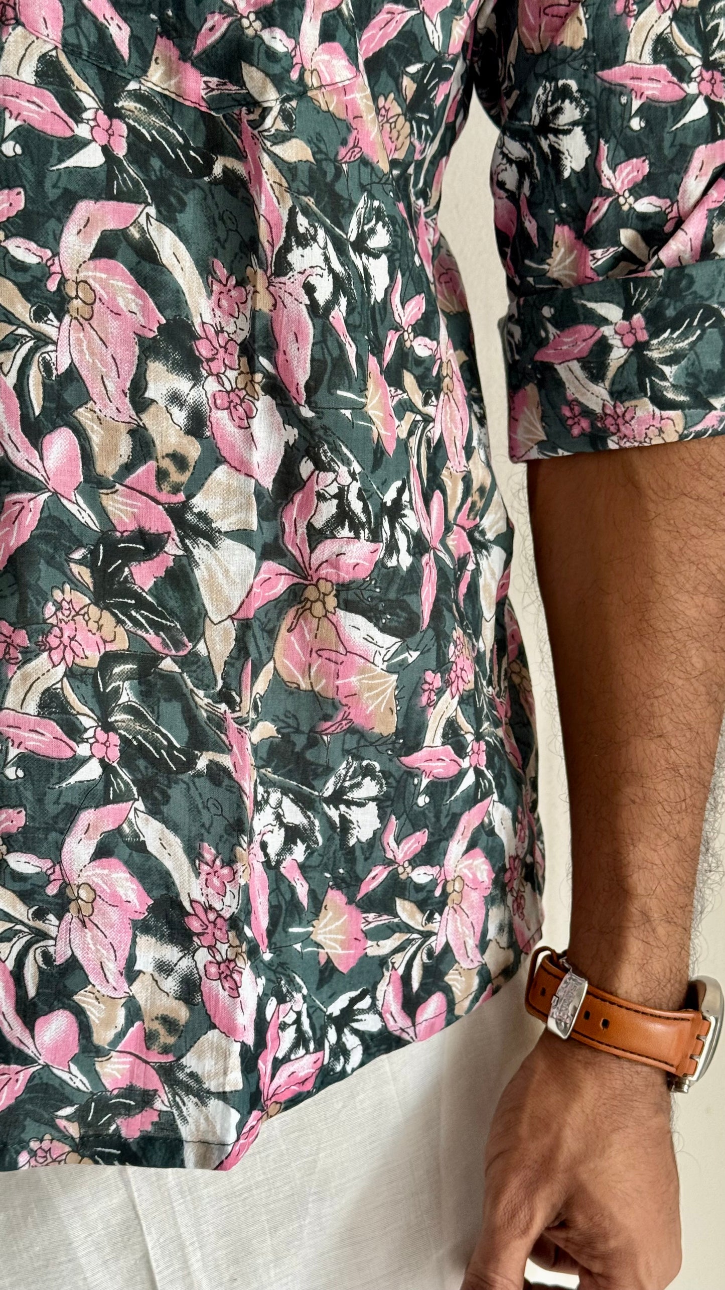 Green & Pink Floral Block Printed Cotton Men's Mandarin Collar Kurta Shirt - YCMSEIE194