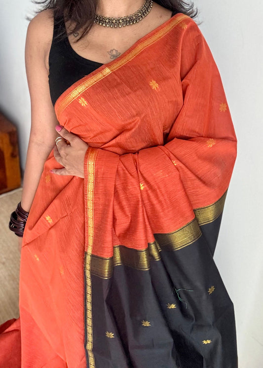 Orange with black, gold buttas, semi maheshwari cotton silk - YCCOTNFEJUSM01