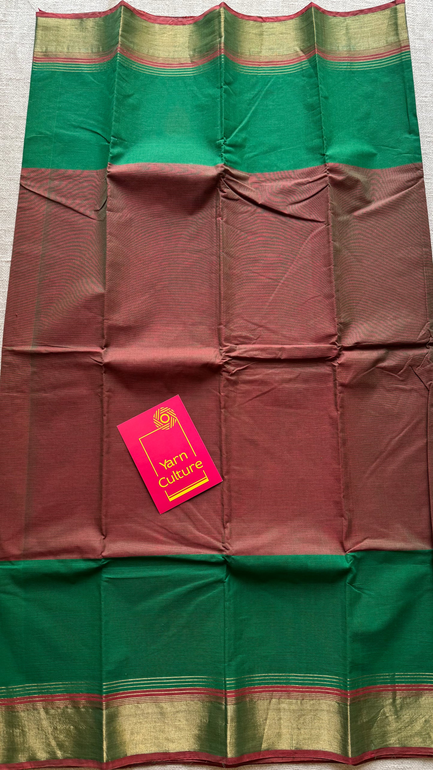 Light brown and green Chettinad cotton saree with antique gold zari border - YCCOTNCCFE155