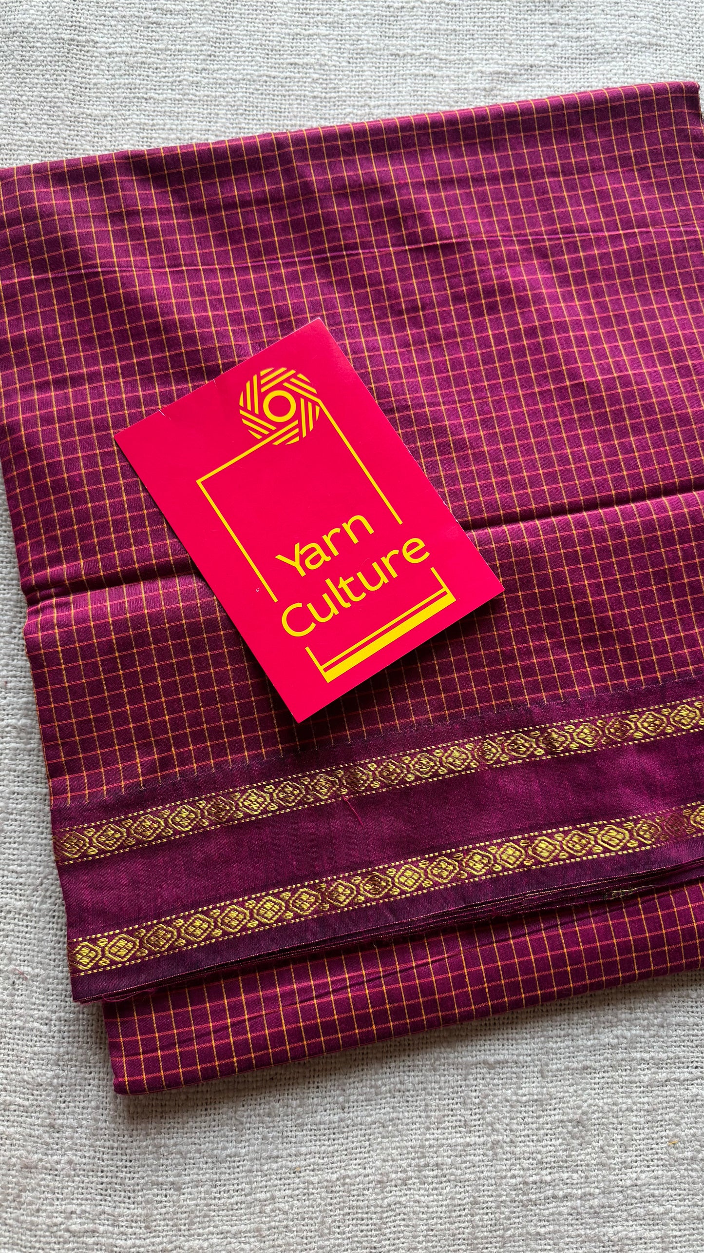 Dark berry pink (light burgundy), arani checks saree, cotton silk - YCCOTNARFE50