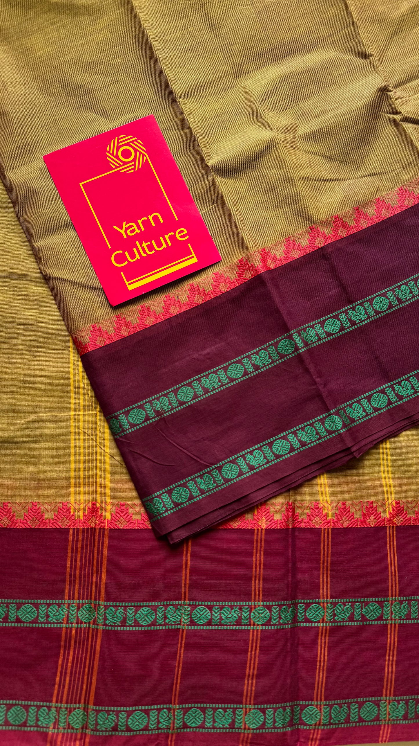 Chettinad cotton saree in ginger green with wine and maroon thread borders - YCCOTNJUCC12