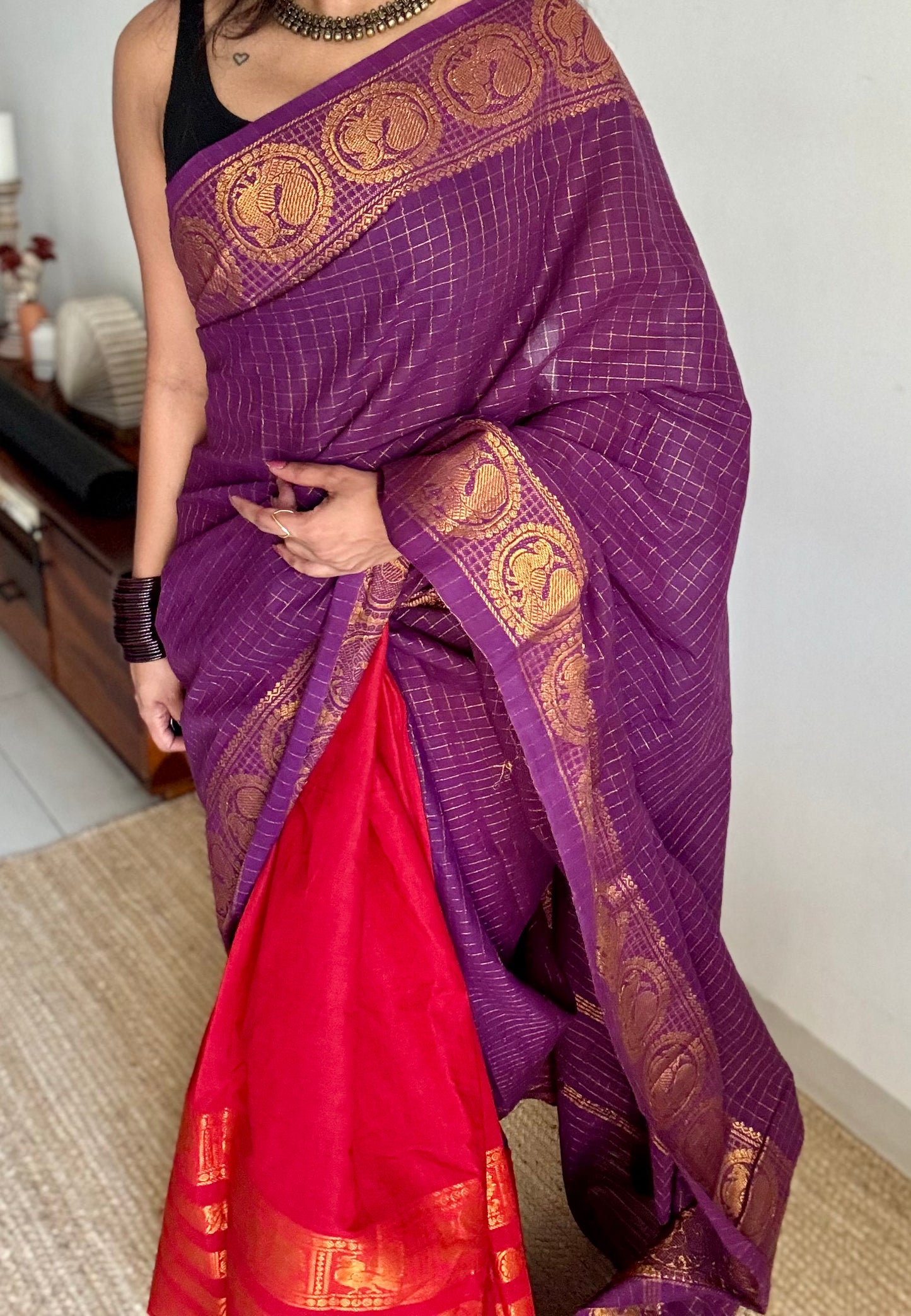 Purple and chilli red, sungudi cotton half-half saree - YCCOTNIDMA308