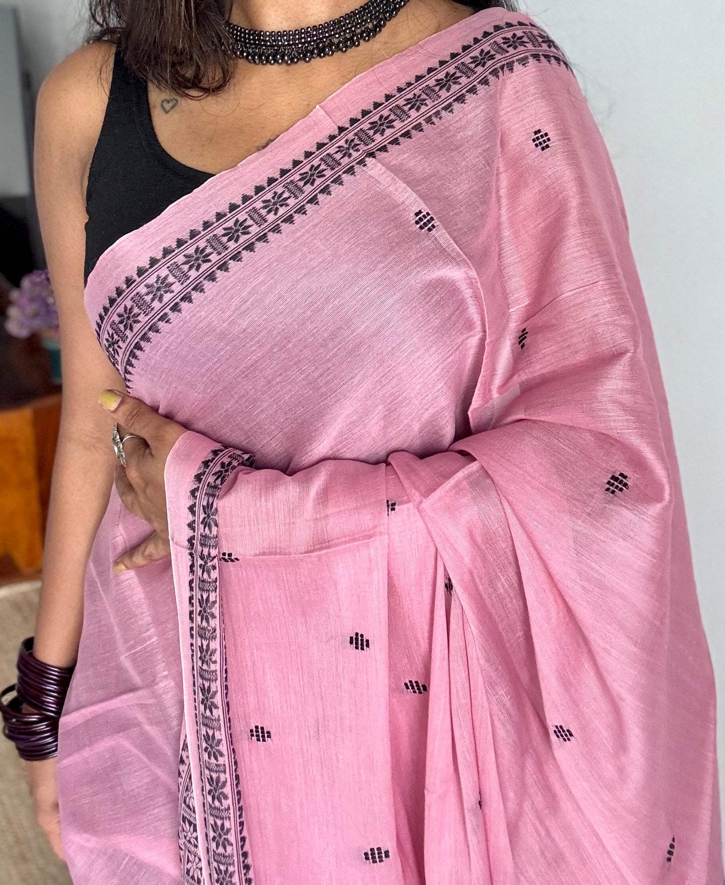 Dhonekhali handloom soft cotton saree, powder pink with black woven buttas and border - YCBCDFE249