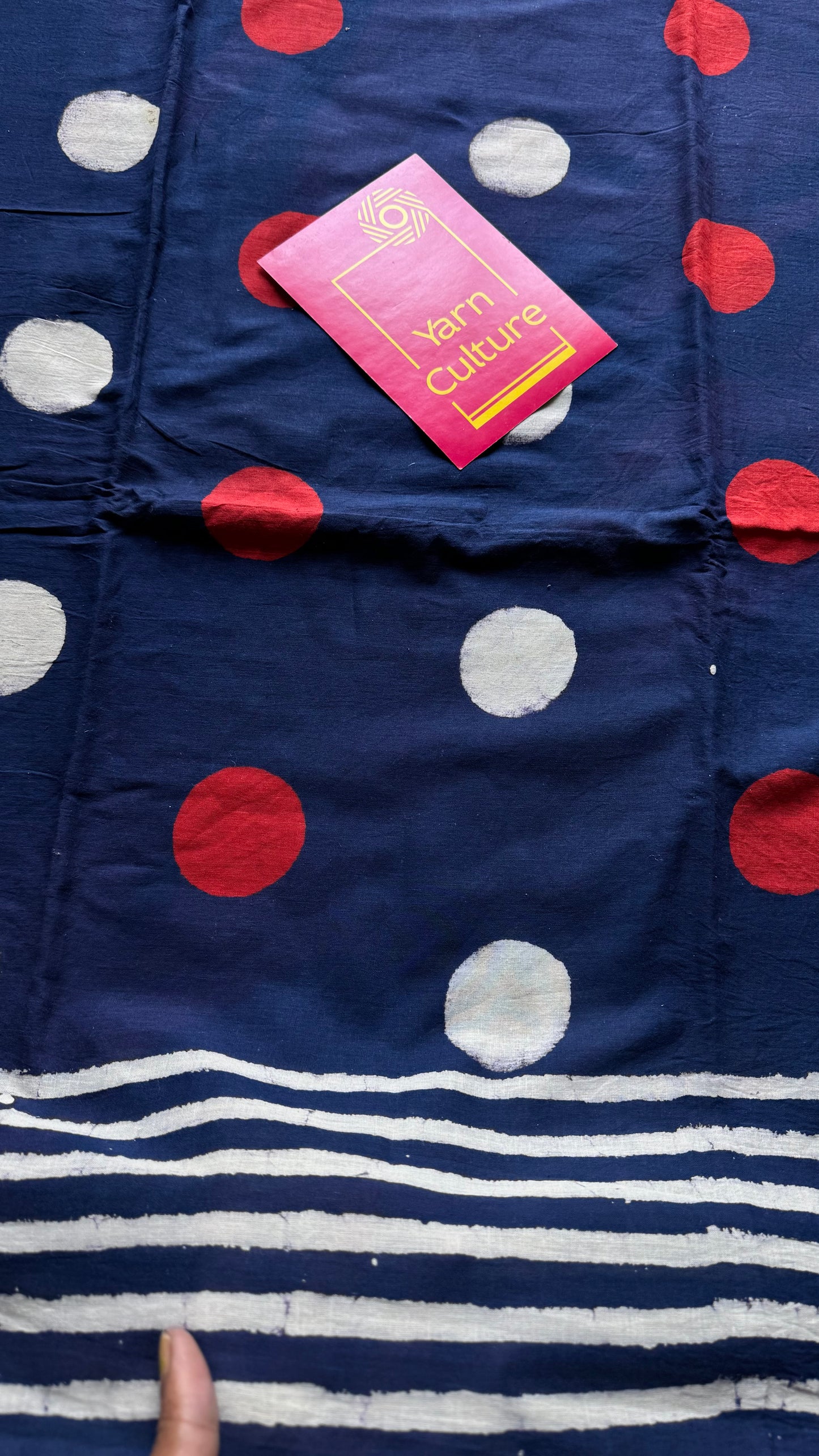 Indigo with red and white cirlce motifs, block printed soft cotton saree - YCTORCMA11