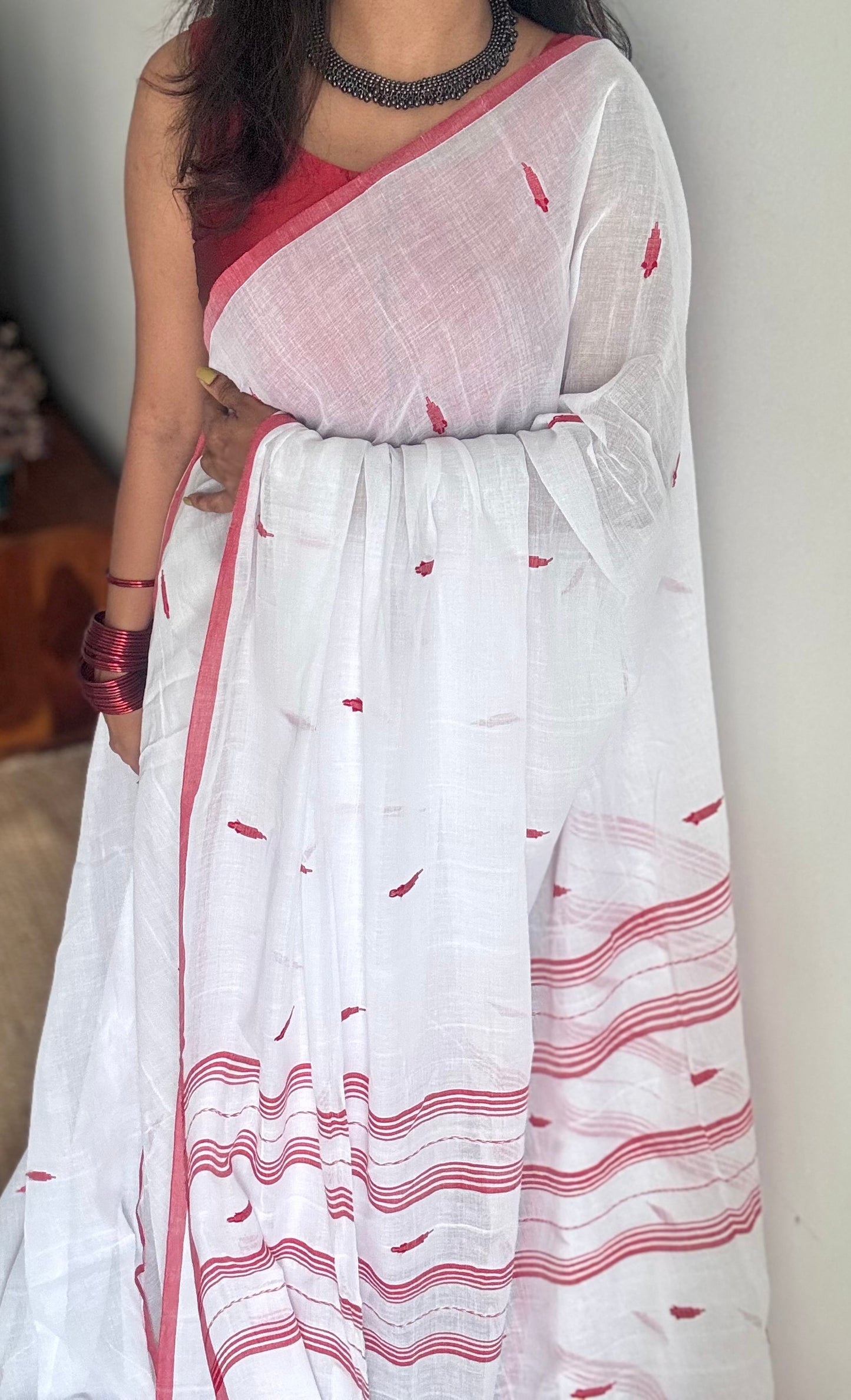 White with red border, jamdani motifs, mul cotton - YCBCDP13