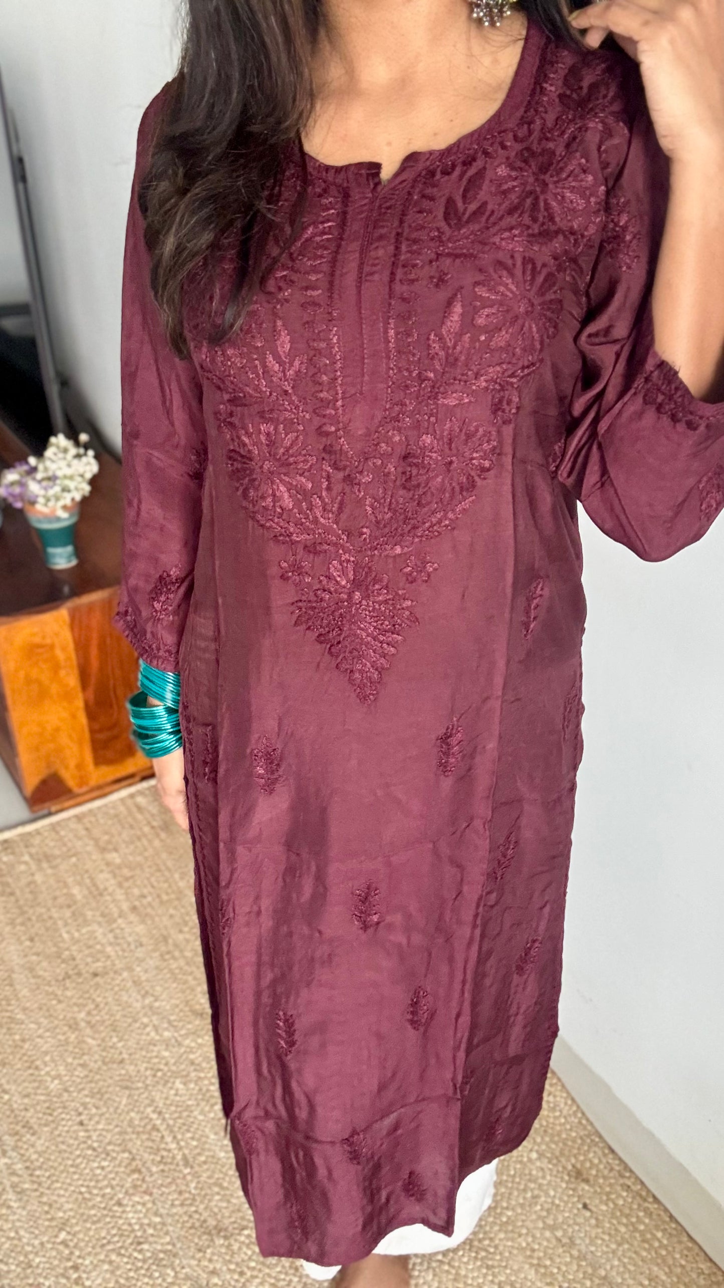 Wine muslin chikankari with ghas patti work, stitched kurta, round neck, three fourth sleeves - YCSECK41