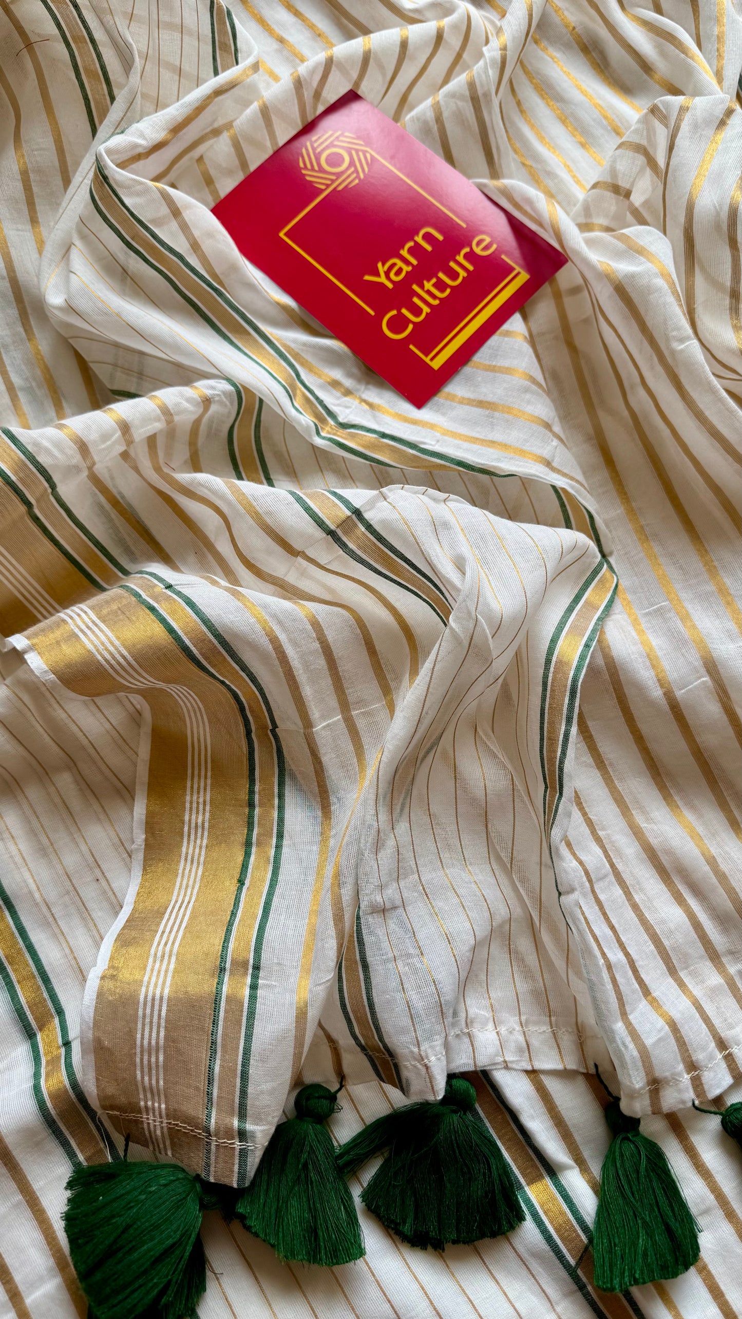 Ivory mul saree, green and gold stripes - YCIEON05