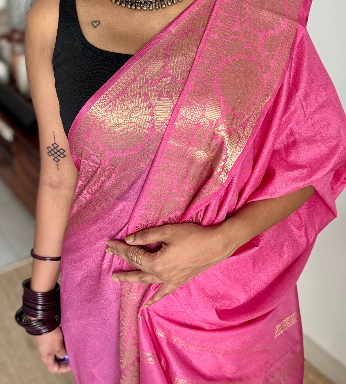 Pink, semi crepe silk saree with antique gold floral border - YCLOKOC55