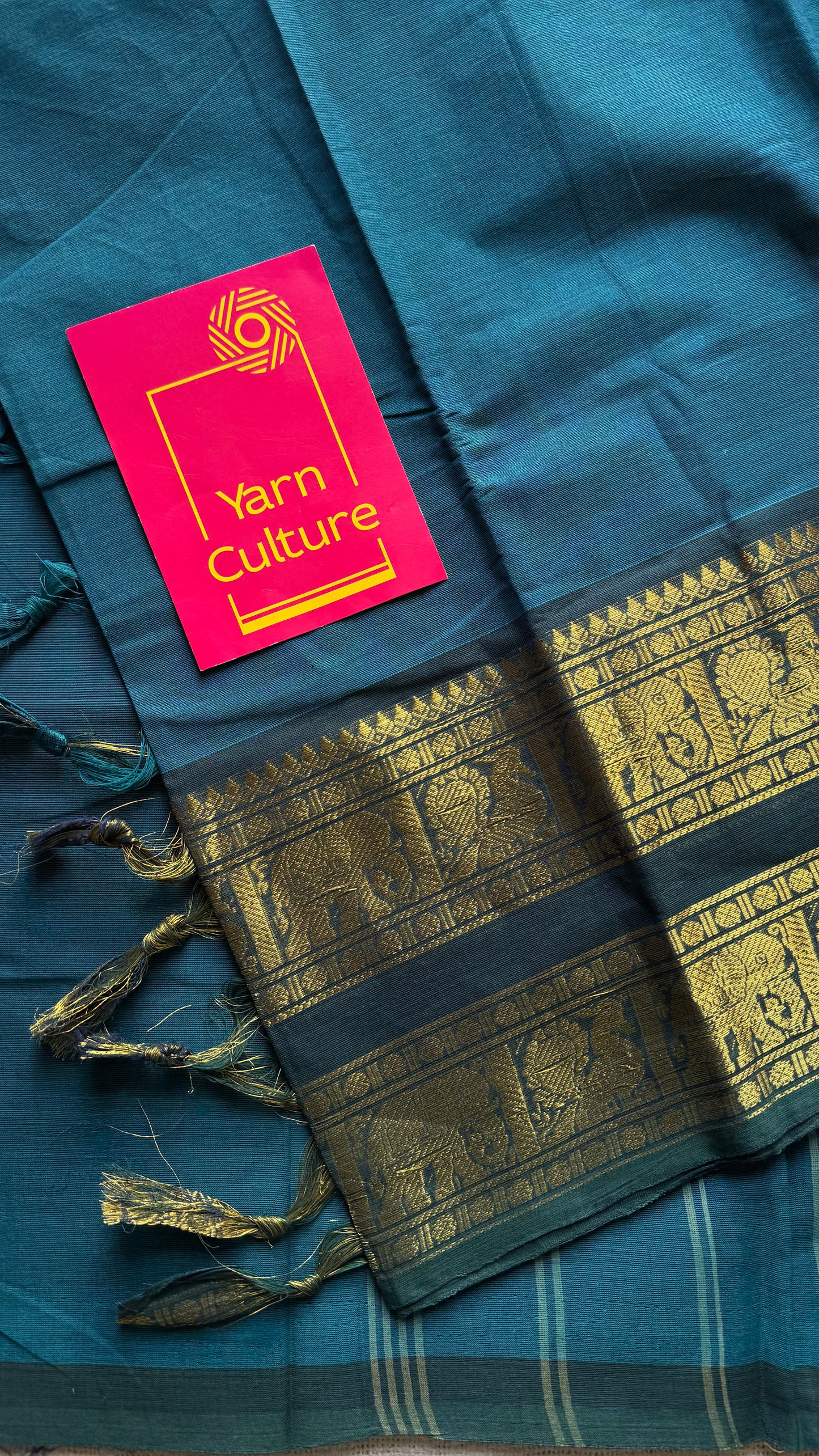 Blue with green wide contrast border, kanchi cotton - YCCOTNKCDE83