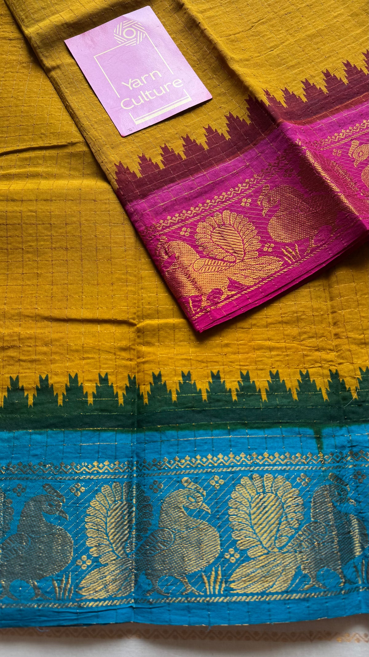 Sungudi cotton checks, mustard yellow base, blue and hot pink dual tone border, soft cotton - YCCOTNMSSE09
