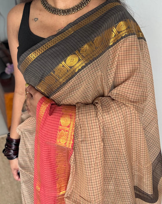 Grey checks with black and light red ganga jamuna borders, premium narayanpet soft cotton - YCWOTDNPJA154